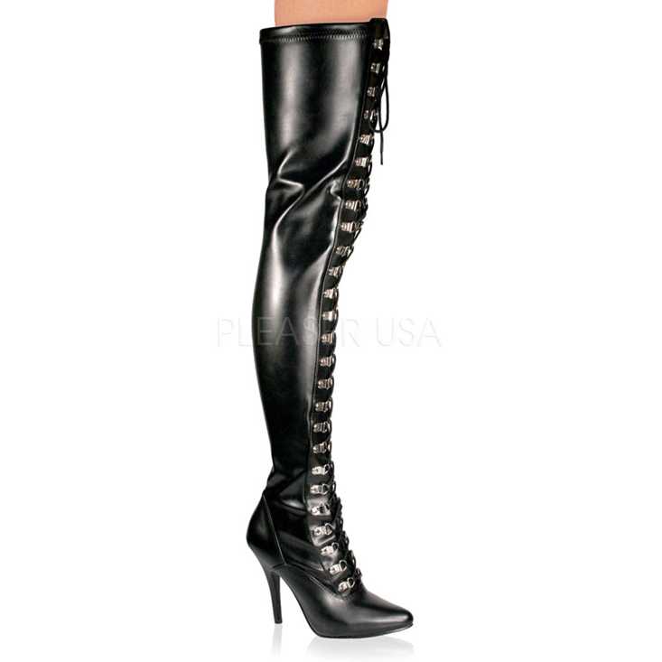 Black Lace Up Thigh High Boots Faux Leather