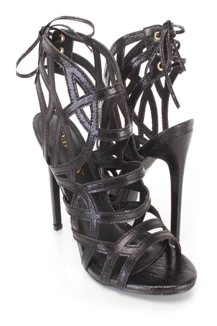 Black Strappy Single Sole Heels Faux Leather