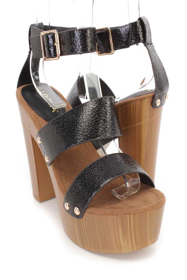 Black Strappy Platform Chunky High Heels Faux Leather