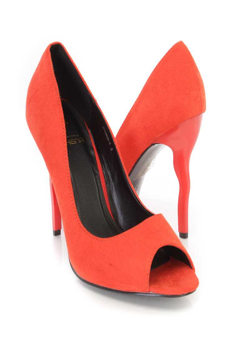 Red Peep Toe Single Sole Pump High Heels Faux Suede