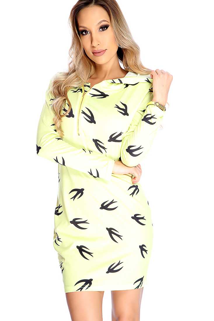 Chartreuse Long Sleeve Bird Print Hooded Casual Dress