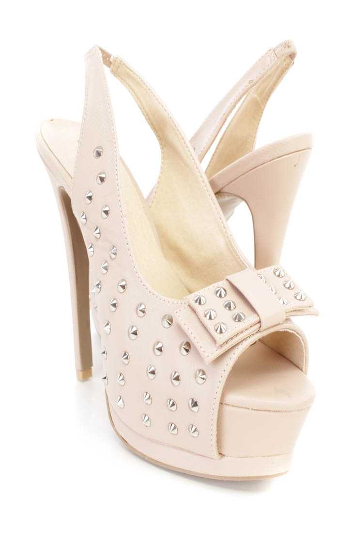 Nude Spike Studded Slingback 6 Inch High Heels Faux Leather