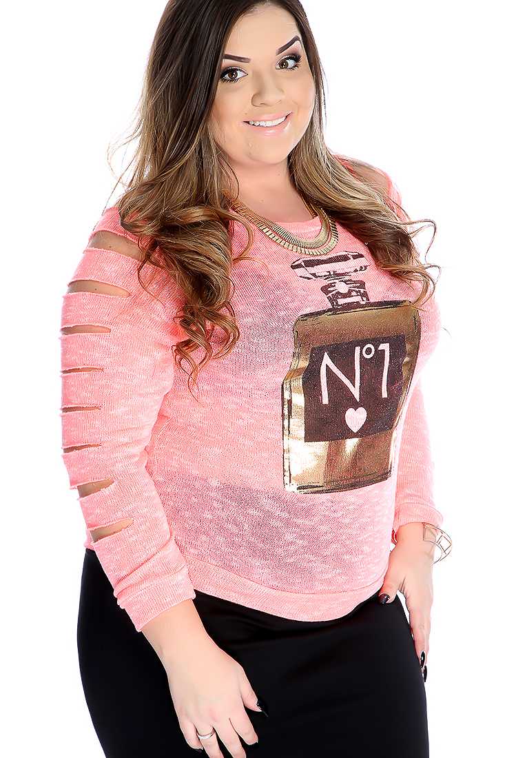 Neon Coral Metallic Graphic Design Plus Size Casual Top