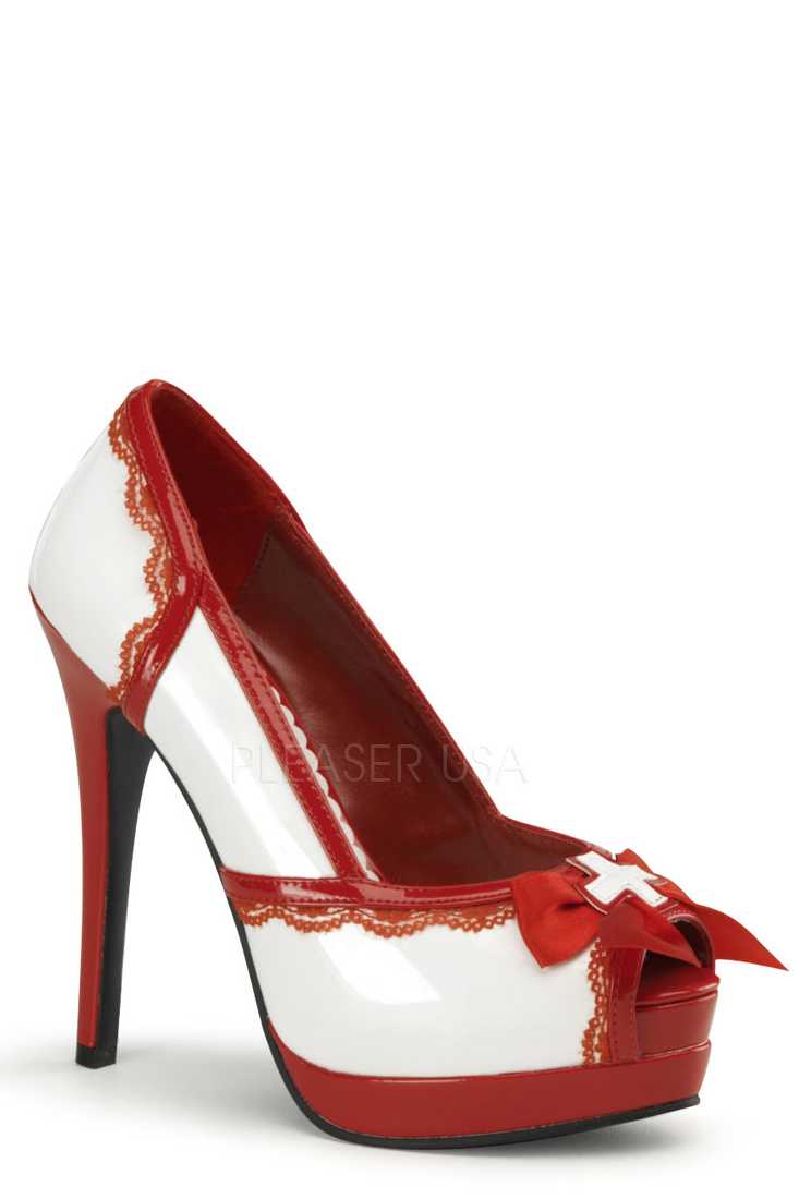 White Red Lace Trim Bow Tie Pump High Heels Patent