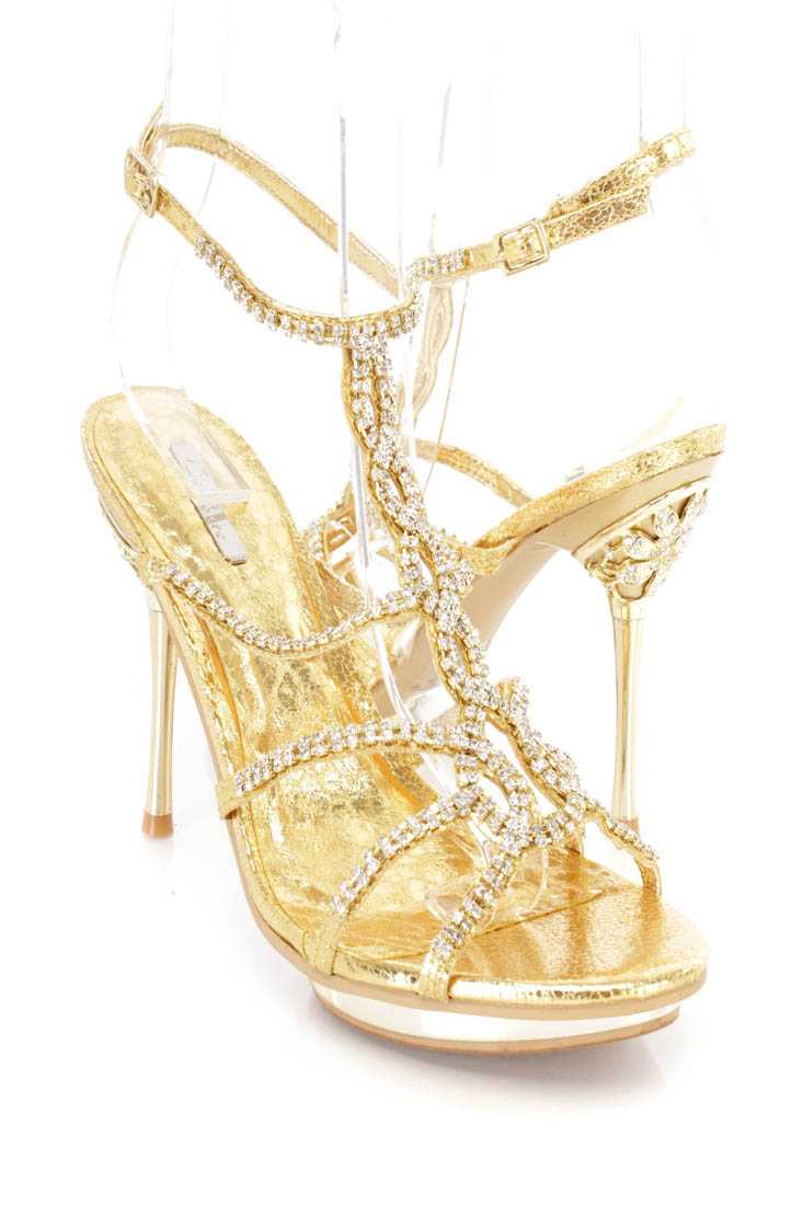 Gold Rhinestone T Strappy Stiletto Heels Faux Leather