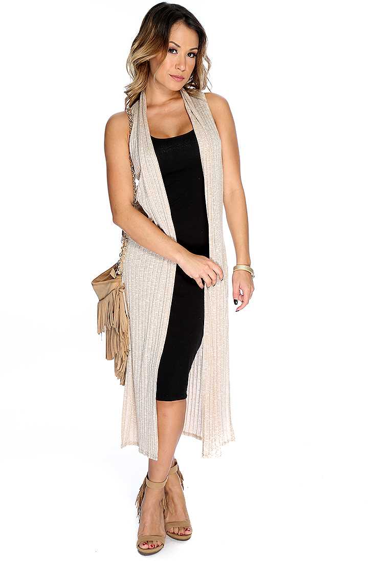 Beige Open Front Sleeveless Side Slit Long Knitted Vest