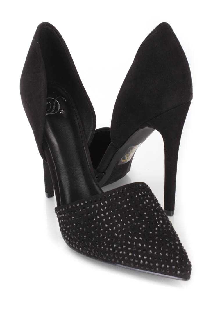 Black Rhinestone Pointy Toe Single Sole Heels Faux Suede