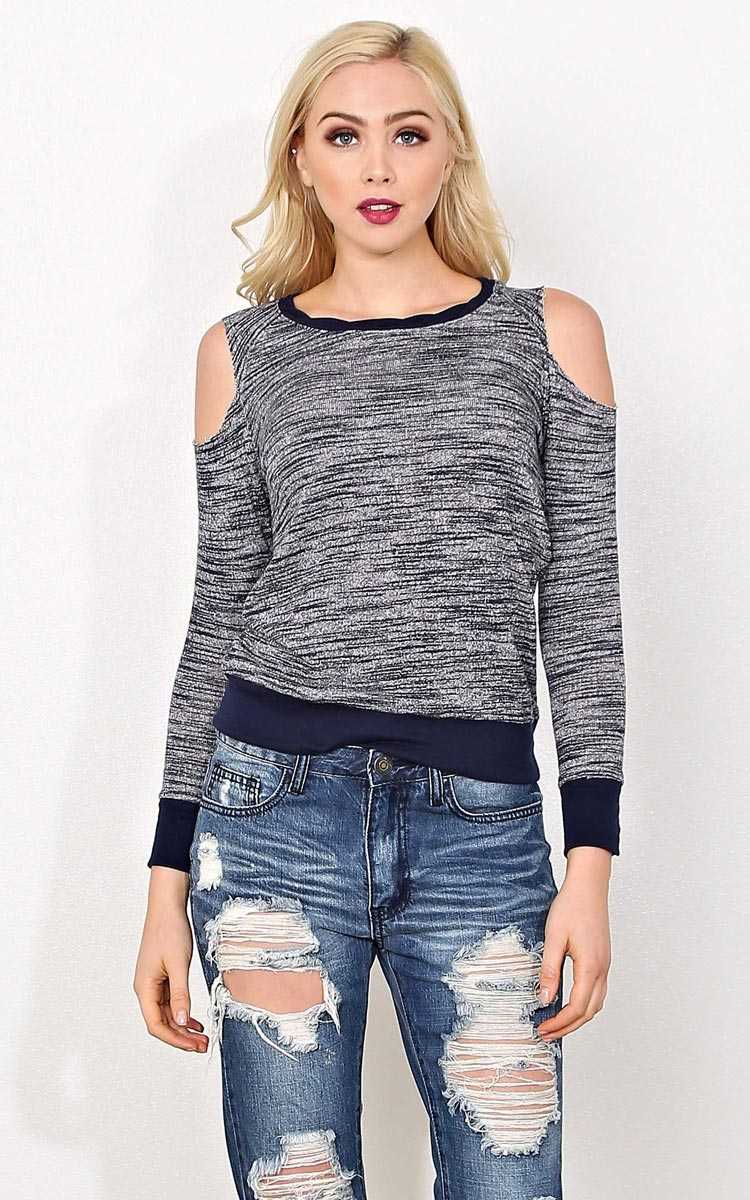 Sarah Marled Cold Shoulder Top - MED - Navy Combo in Size Medium by Styles For Less
