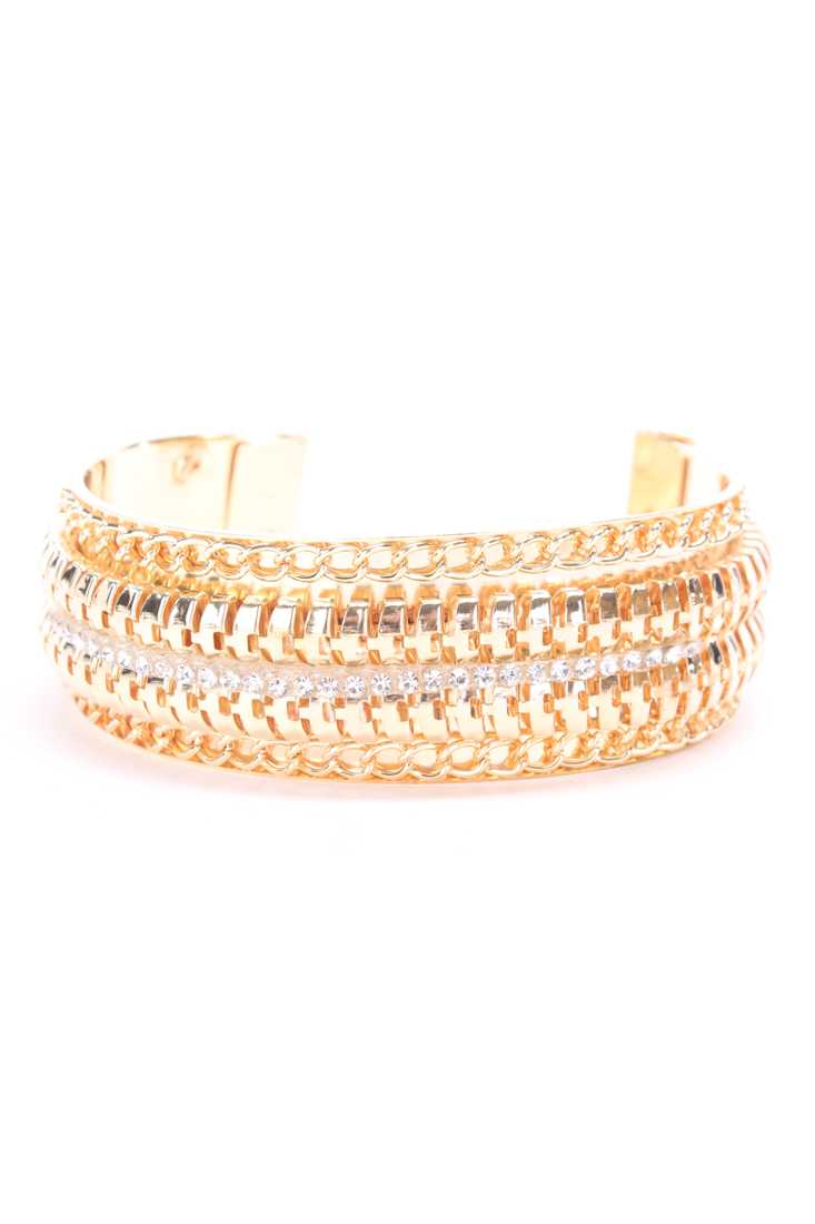 Gold High Polish Metal Rhinestone Bracelet Cuff