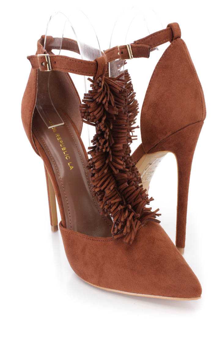 Brown Fringe T-strap Single Sole Heels Faux Suede