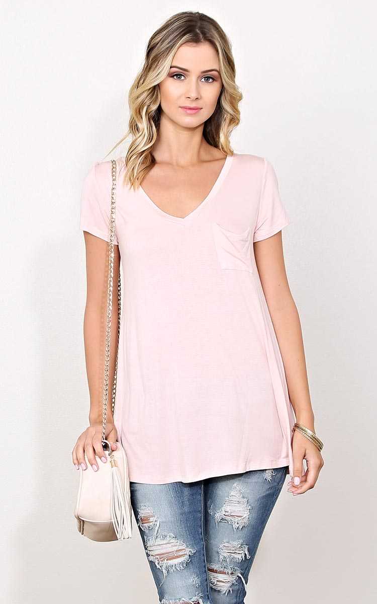 Bozzolo Peach V Neck Knit Pocket Tee - - Peach in Size by Styles For Less