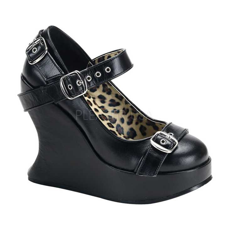 Black Faux Leather Buckled Strappy Wedges