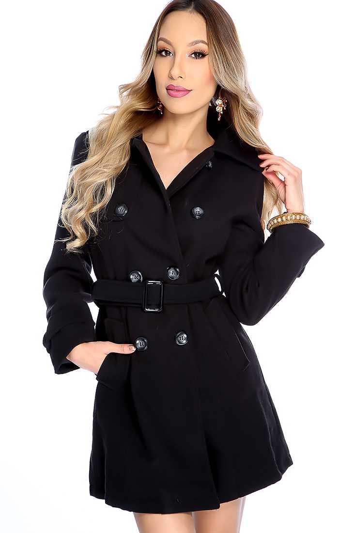 Stylish Black Long Sleeve Button Up Front Coat