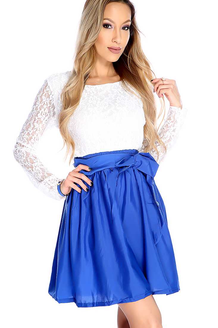 Sexy White Royal Blue Floral Lace Waist Tie Party Dress