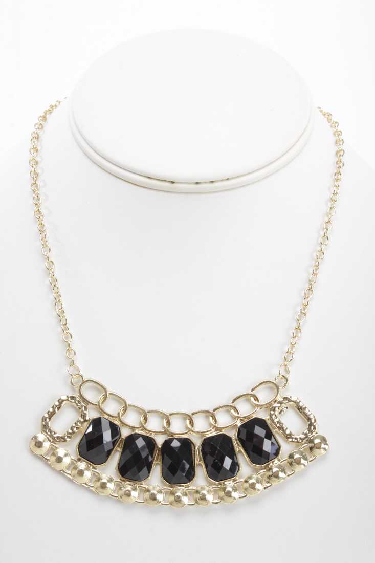 Gold High Polish Chain Cut Out Faceted Beaded Necklace