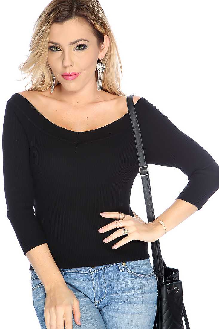 Black Long Sleeve Ribbed V Neck Causal Top