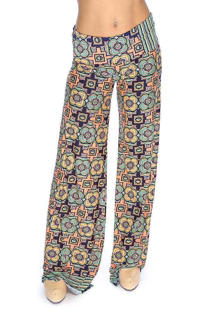 Neon Coral Lime Geometric Print Wide Leg Cute Casual Pants