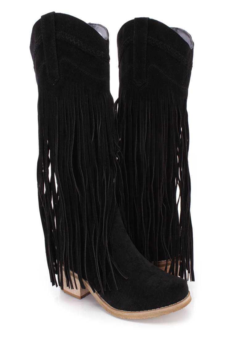 Black Fringe Western Style Boots Faux Suede