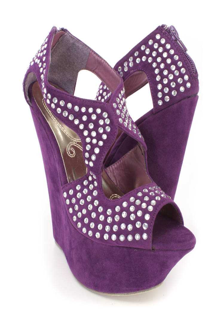 Purple Rhinestone Cut Out Platform Wedges Faux Suede