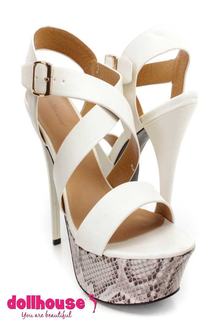 White Cross Strappy Platform 6 Inch High Heels Faux Leather