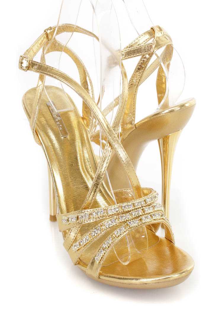 Gold Rhinestone Strappy Single Sole Heels Faux Leather