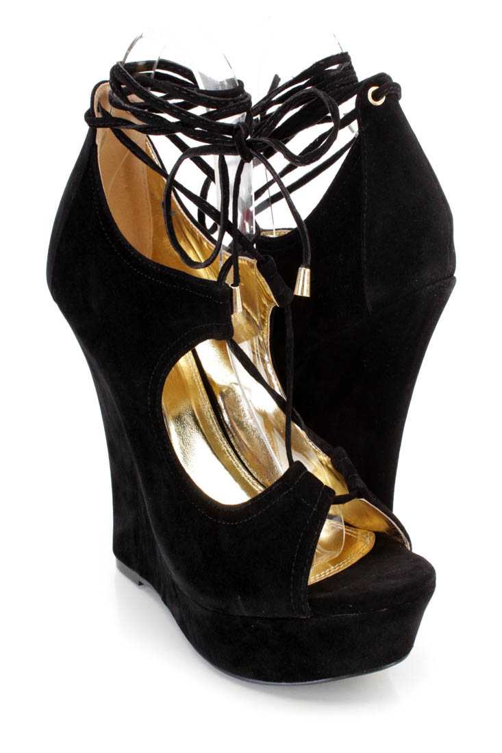 Black Peep Toe Wrap Around Platform Wedges Faux Suede