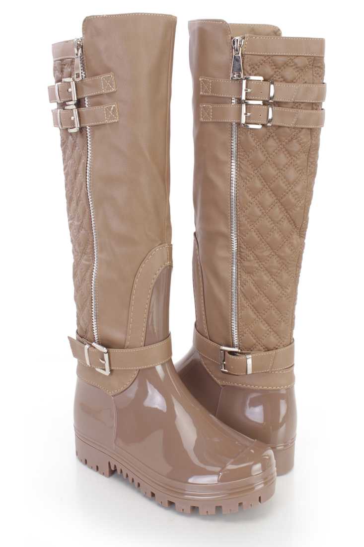 Taupe Stitched Quilted Riding Boots Faux Leather