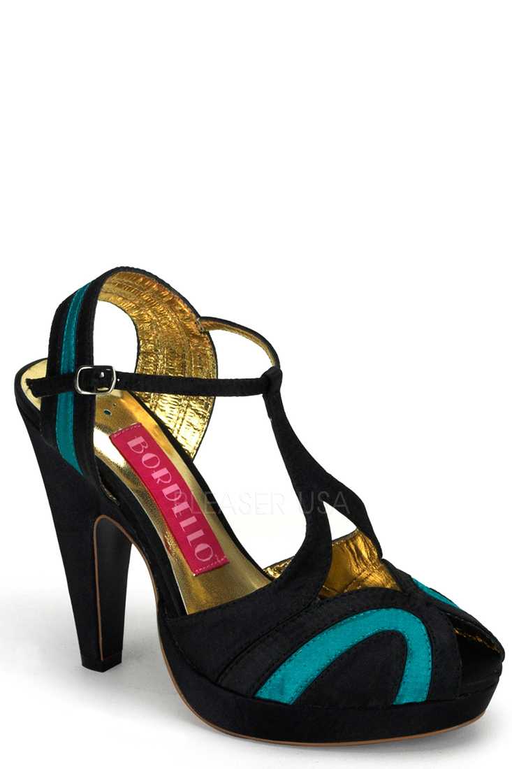 Black Turquoise Two Tone T Strappy Peep Toe High Heels Satin