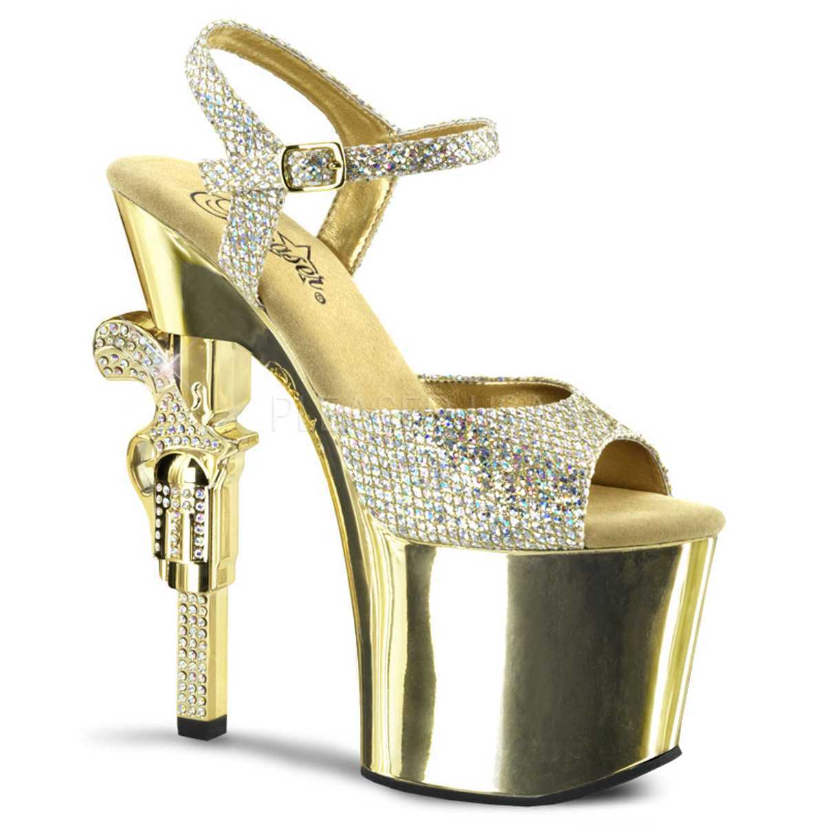 Gold Strappy Rhinestone Embellished Gun Heels Glitter