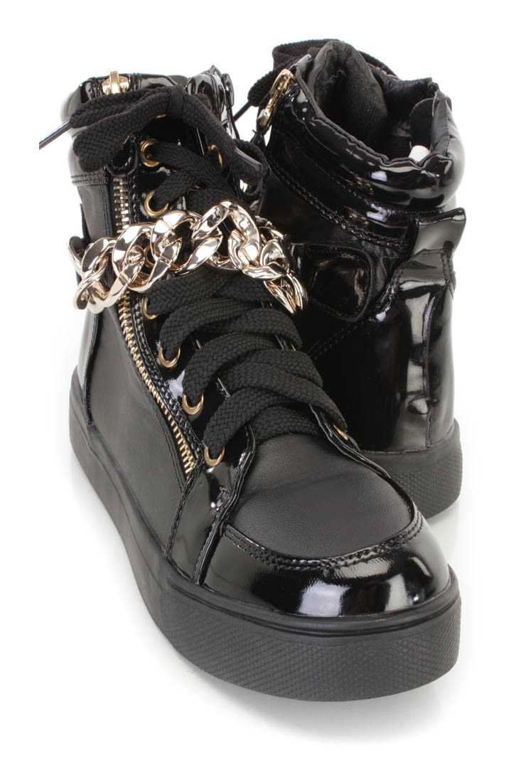 Black Lace Up Zipper Accent Sneaker Flats Faux Leather