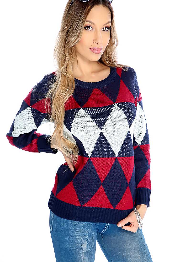 Navy Wine Knitted Diamond Design Sweater Top
