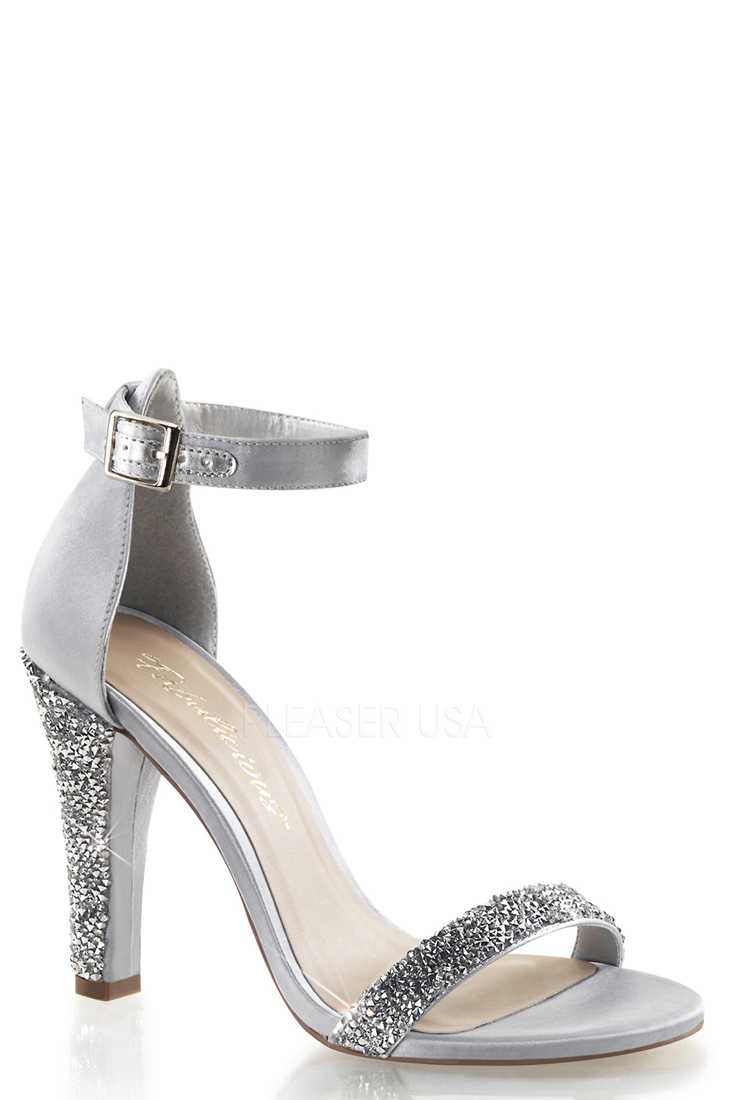 Silver Rhinestone Embellished Strap High Heels Satin