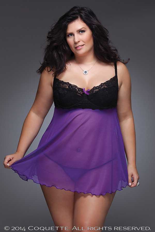 Black Purple Lace Mesh Plus Size Sexy Babydoll Set