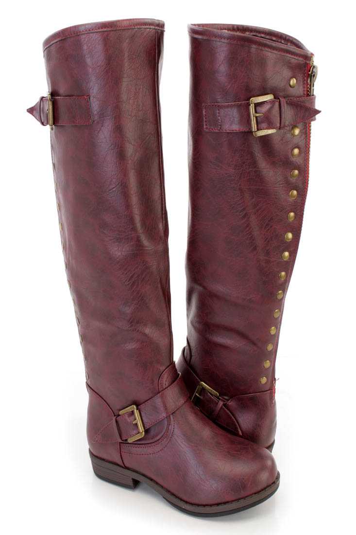 Wine Studded Knee High Riding Boots Faux Leather