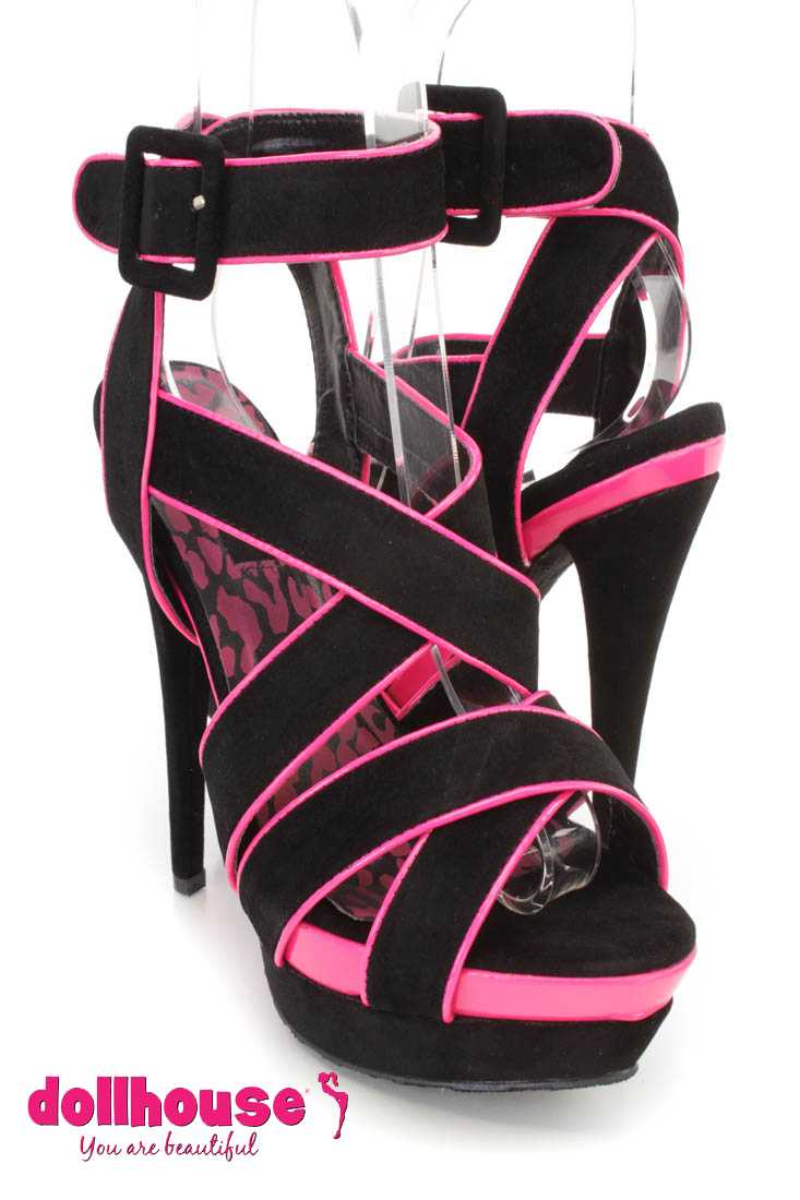 Black Cross Strappy Platform High Heels Faux Suede
