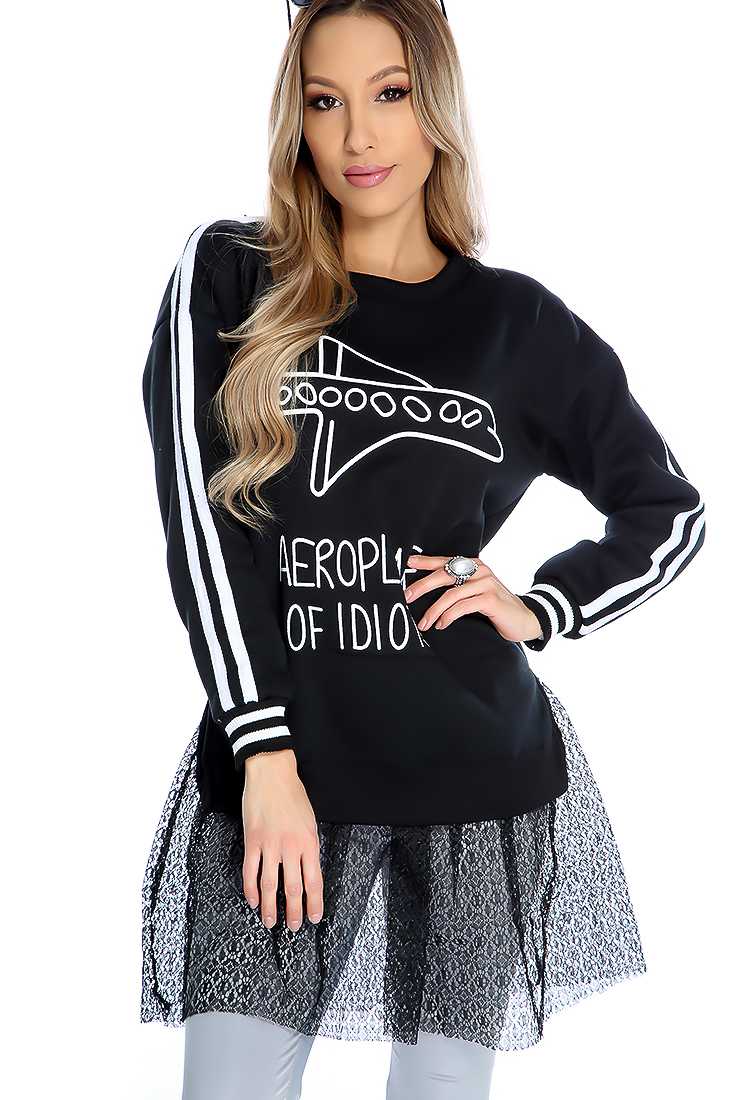 Warm Black Long Sleeve Netted Detail Sweater