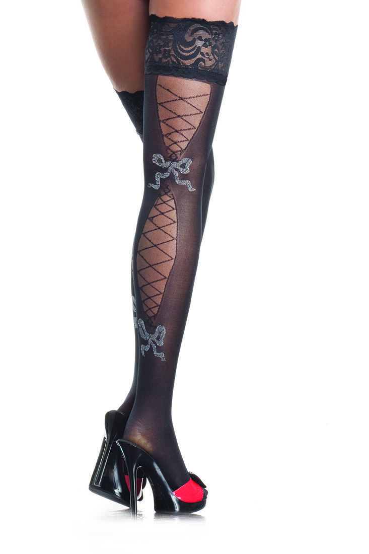 Black Opaque Lace Top Faux Bow Thigh Highs