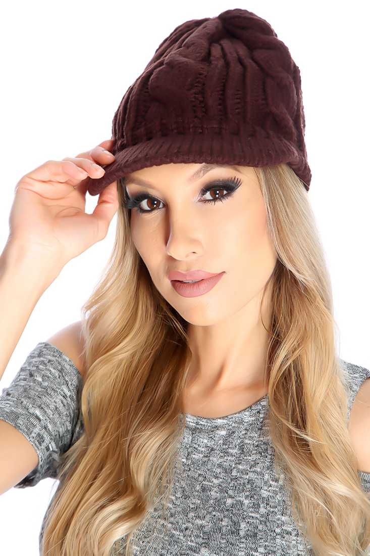 Brown Cable Knit Slouchy Newsboy Beanie
