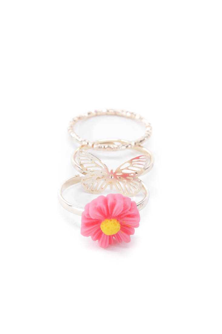 Pink High Polish Metal Acrylic Flower Ring Set