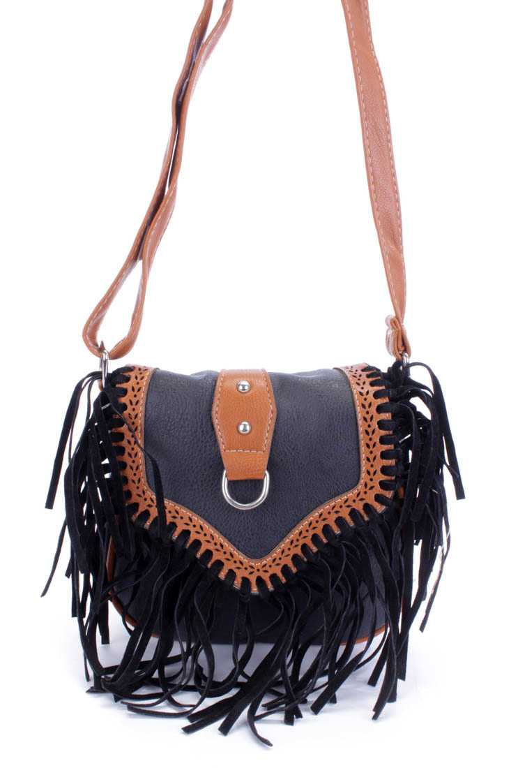 Black Two Tone Faux Leather Fringe Accent Saddle Handbag
