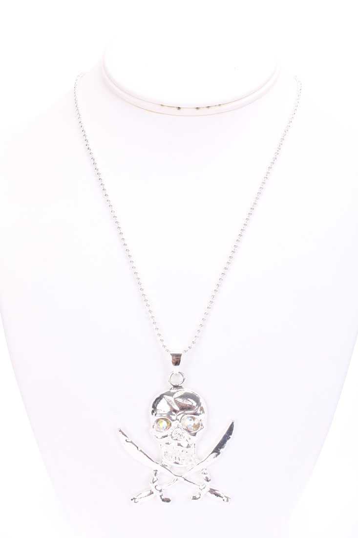 Silver Skull Sword Gemstone Eyes Design Thin Ball Chain Necklace