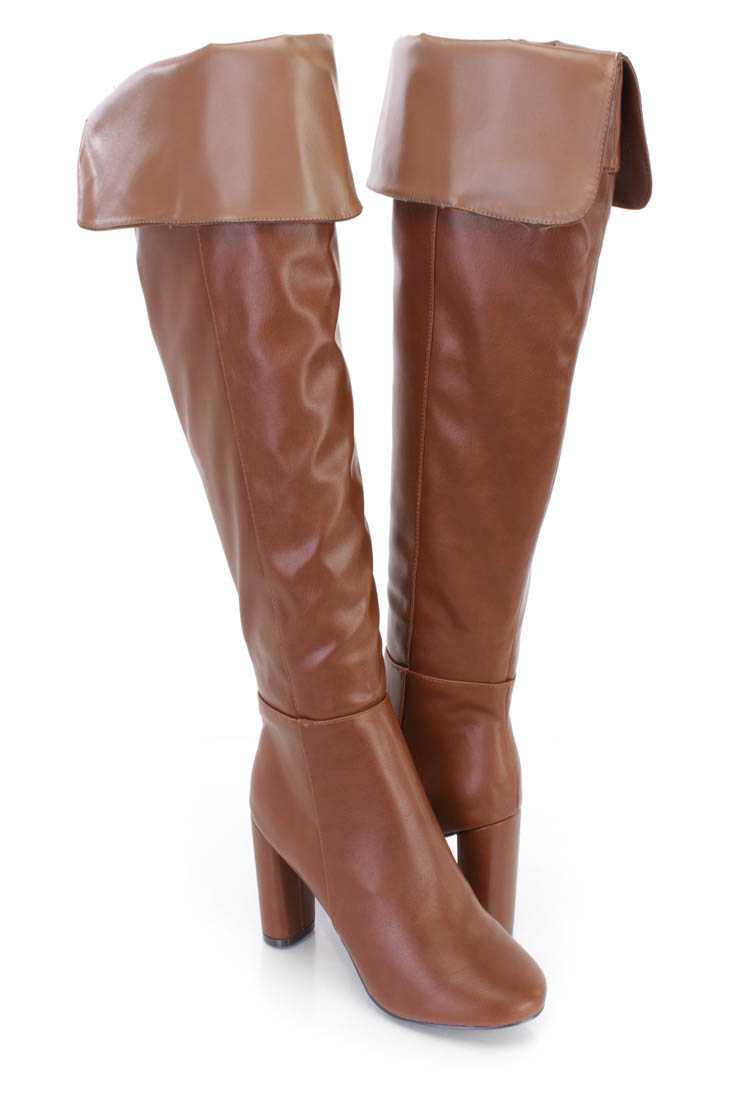 Tan Cuffed Chunky High Heel Boots Faux Leather