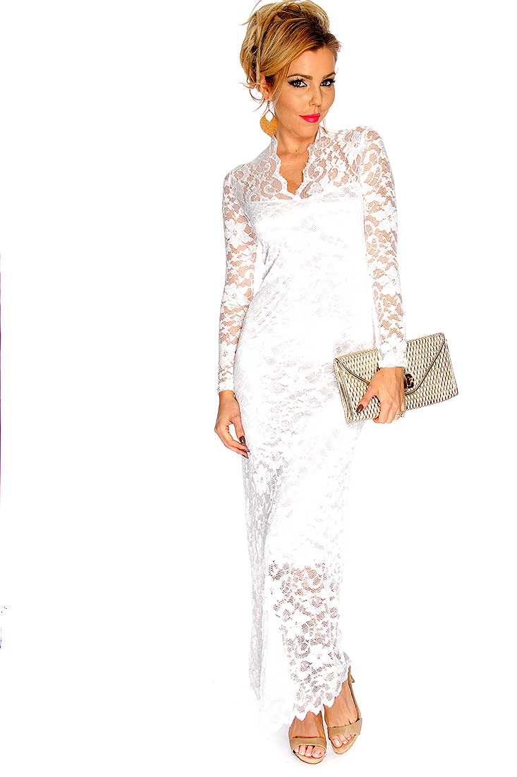 Sexy White Floral Lace Overlay Long Sleeve Maxi Prom Dress