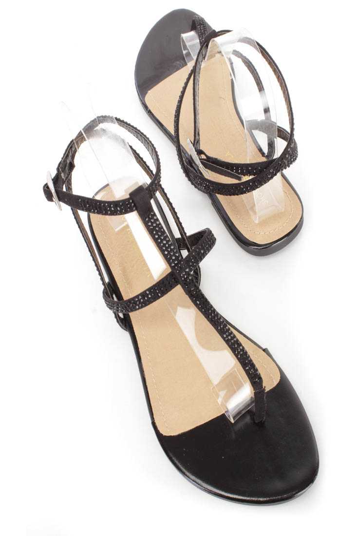 Black Rhinestone Strappy Thong Sandals Faux Suede