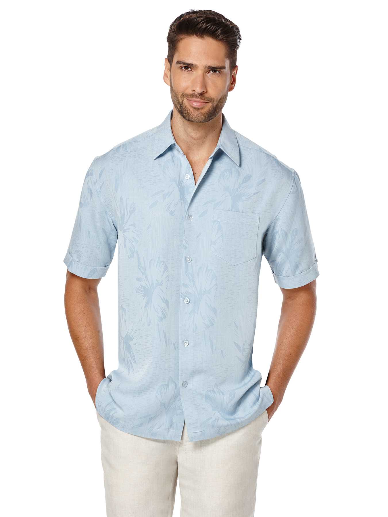 Cubavera Short Sleeve Floral Jacquard Pocket Shirt