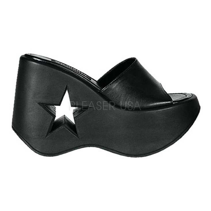 Black Slip On Star Cut Out Wedges Faux Leather