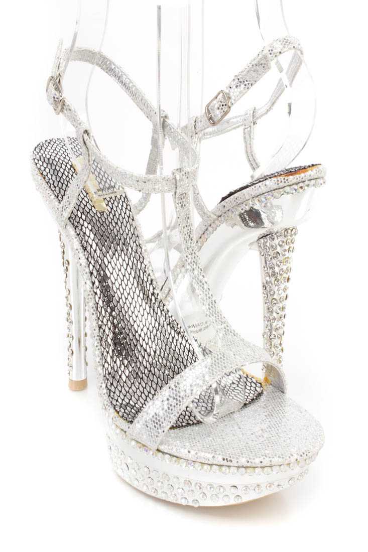 Silver T Strap Rhinestone Platform High Heels Glitter