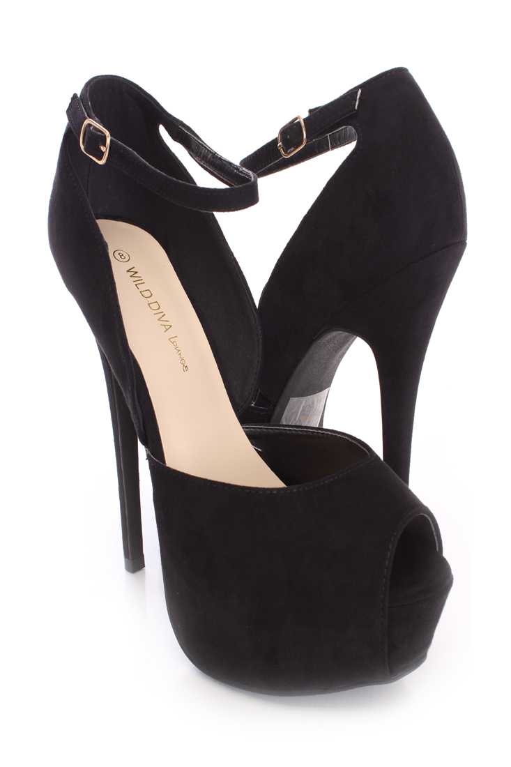 Black Peep Toe Platform High Heels Faux Suede