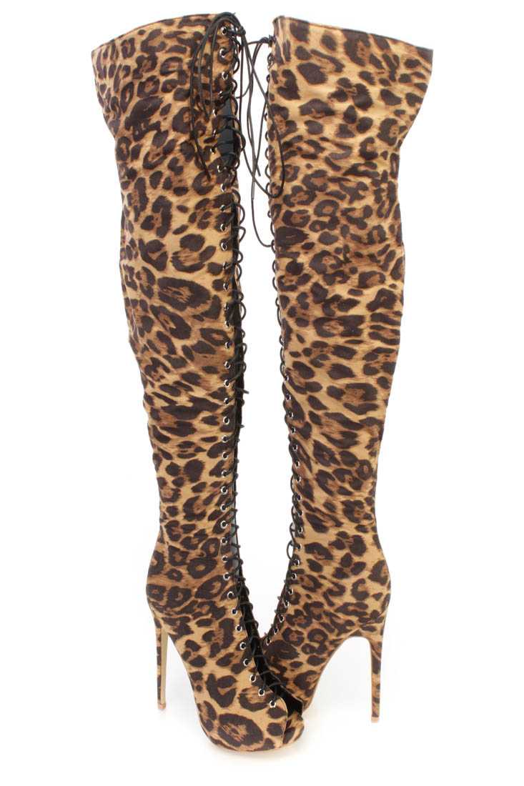 Leopard Lace Up Thigh High Peep Toe Heel Boots Faux Suede