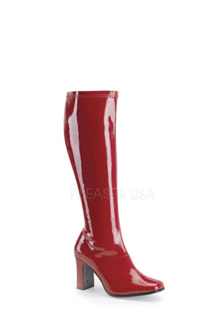 Red Chunky Heel GoGo Boots Patent Faux Leather
